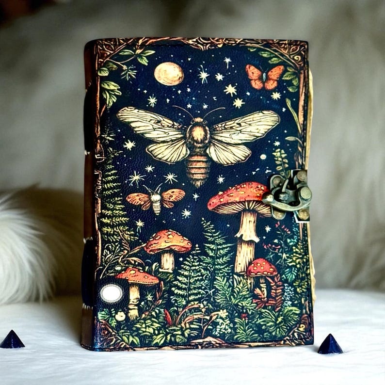 Jurnal Vintage din Piele Grimoire – Model Ciuperci de Noapte